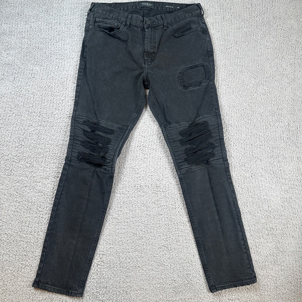 Pacsun Mens Skinny Jeans 34x32 Black Biker Moto Ripped Distressed Ribbed Denim